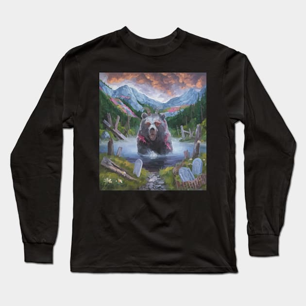 watercolor zombie bear in lake with horns Long Sleeve T-Shirt by Catbrat